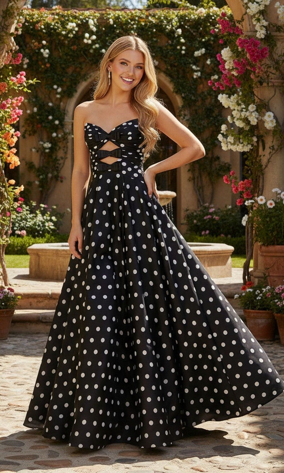 A woman stands outdoors surrounded by flowers and greenery, wearing the PromGirl Exclusive 250209 long prom dress with a strapless bodice and cut outs.